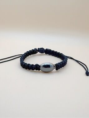 Handmade Macrame Hematite Bracelet- Black Cord